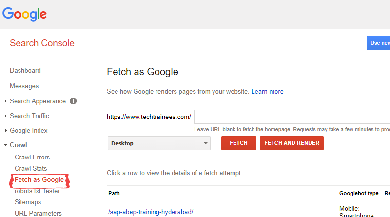 نمونه داشبورد Google Fetch and Render